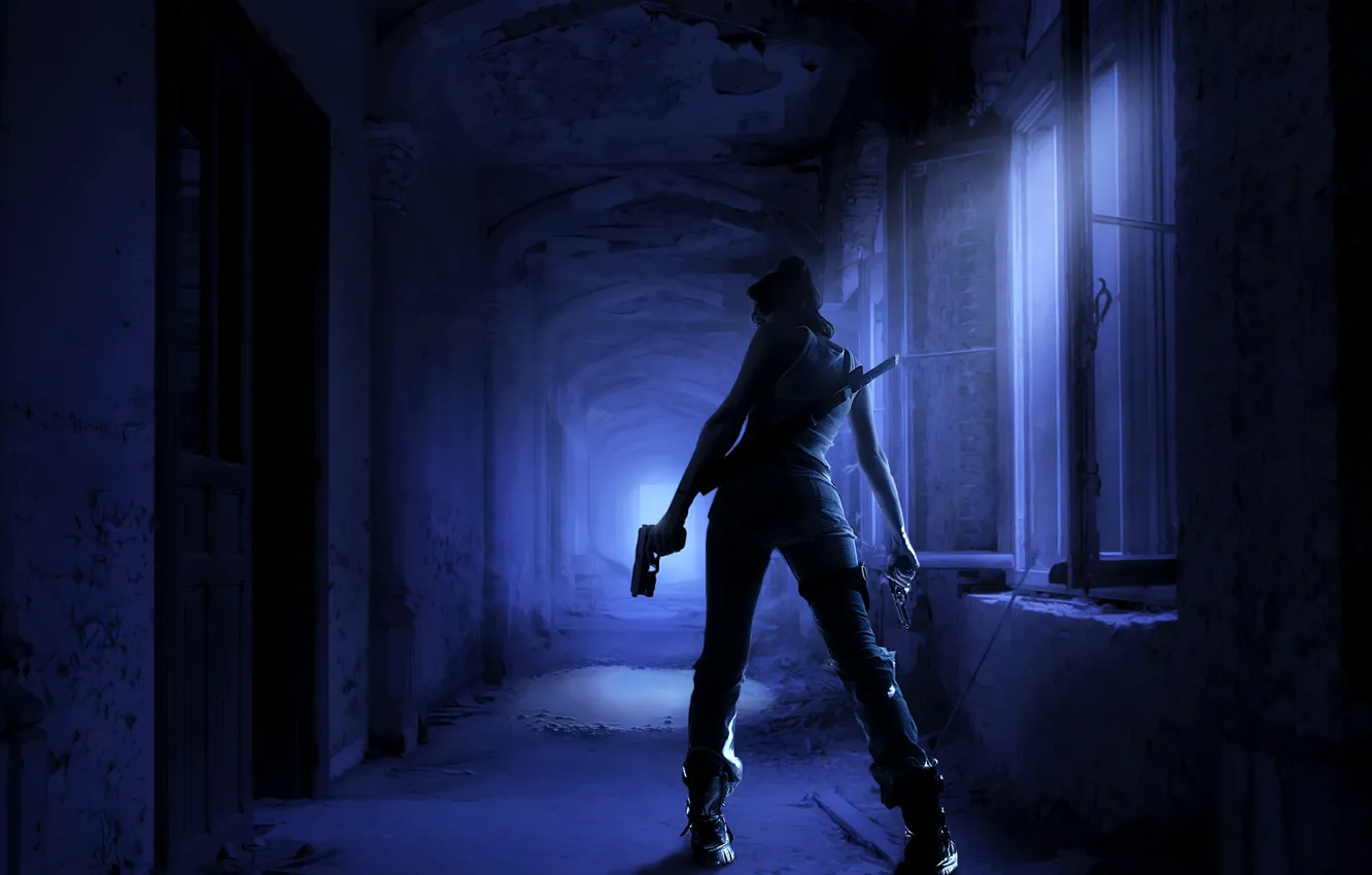Фото обои девушка, ночь, пистолет, оружие, меч, коридор, убийца, мрачно