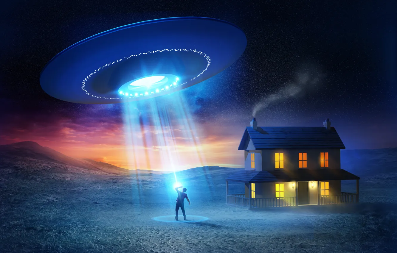 Фото обои дом, человек, НЛО, UFO, flying saucer, abduction