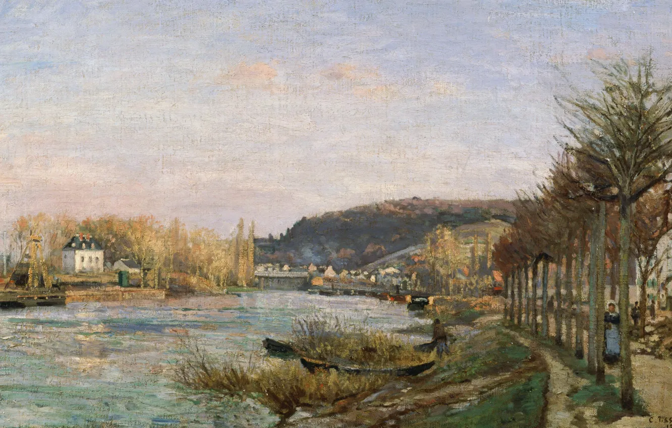 Фото обои пейзаж, река, картина, Сена в Буживале, Камиль Писсарро