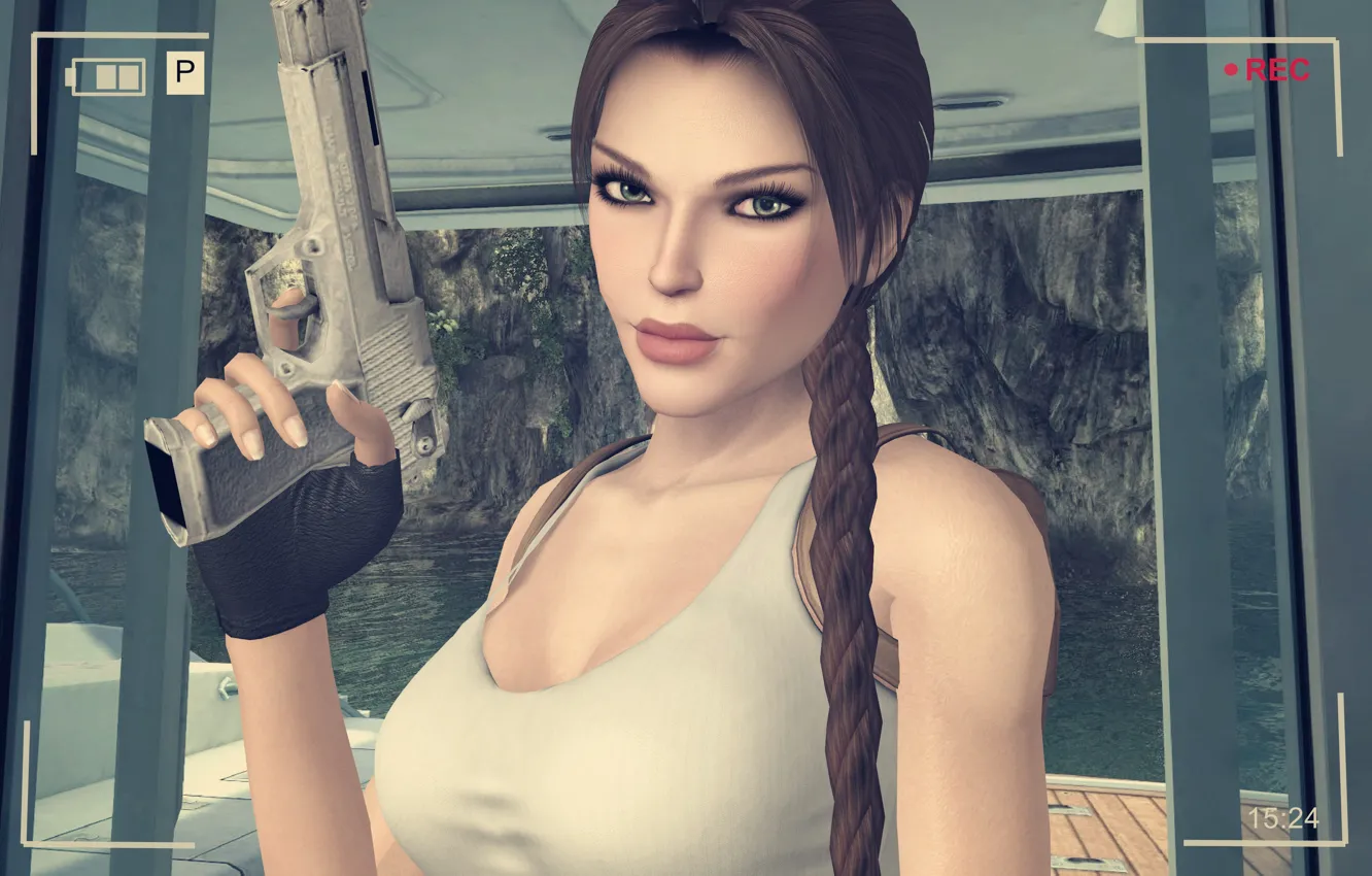 Фото обои взгляд, лицо, ресницы, пистолет, оружие, камера, Tomb Raider, Lara Croft