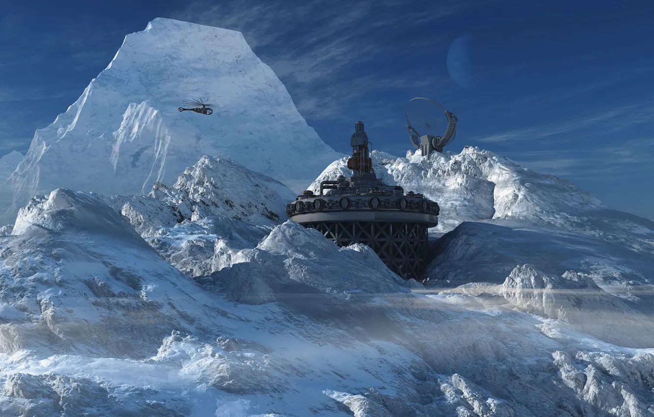 Фото обои снег, горы, планета, сооружение, Lone Post