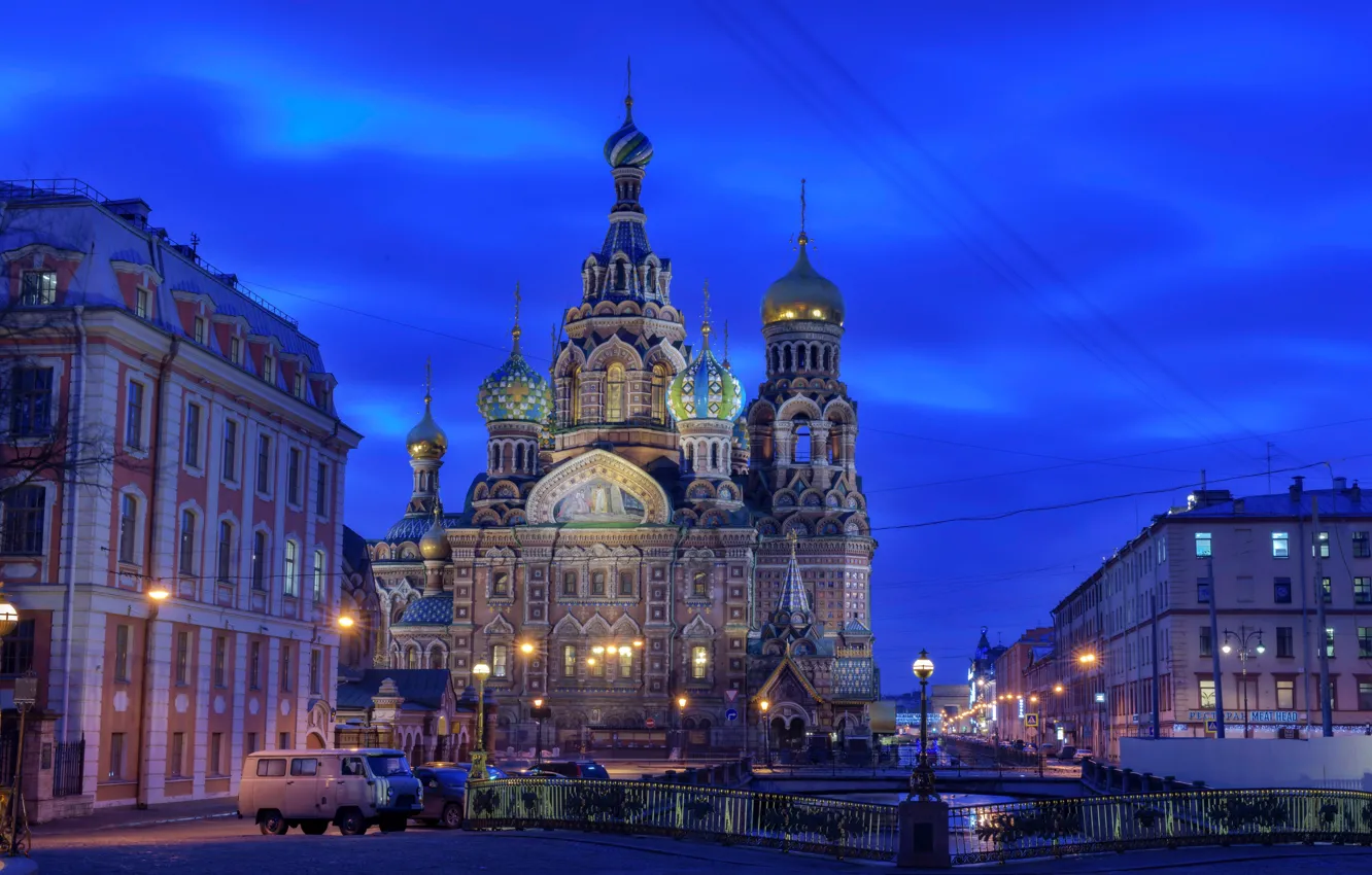Фото обои небо, огни, дома, вечер, фонари, Санкт-Петербург, церковь, канал