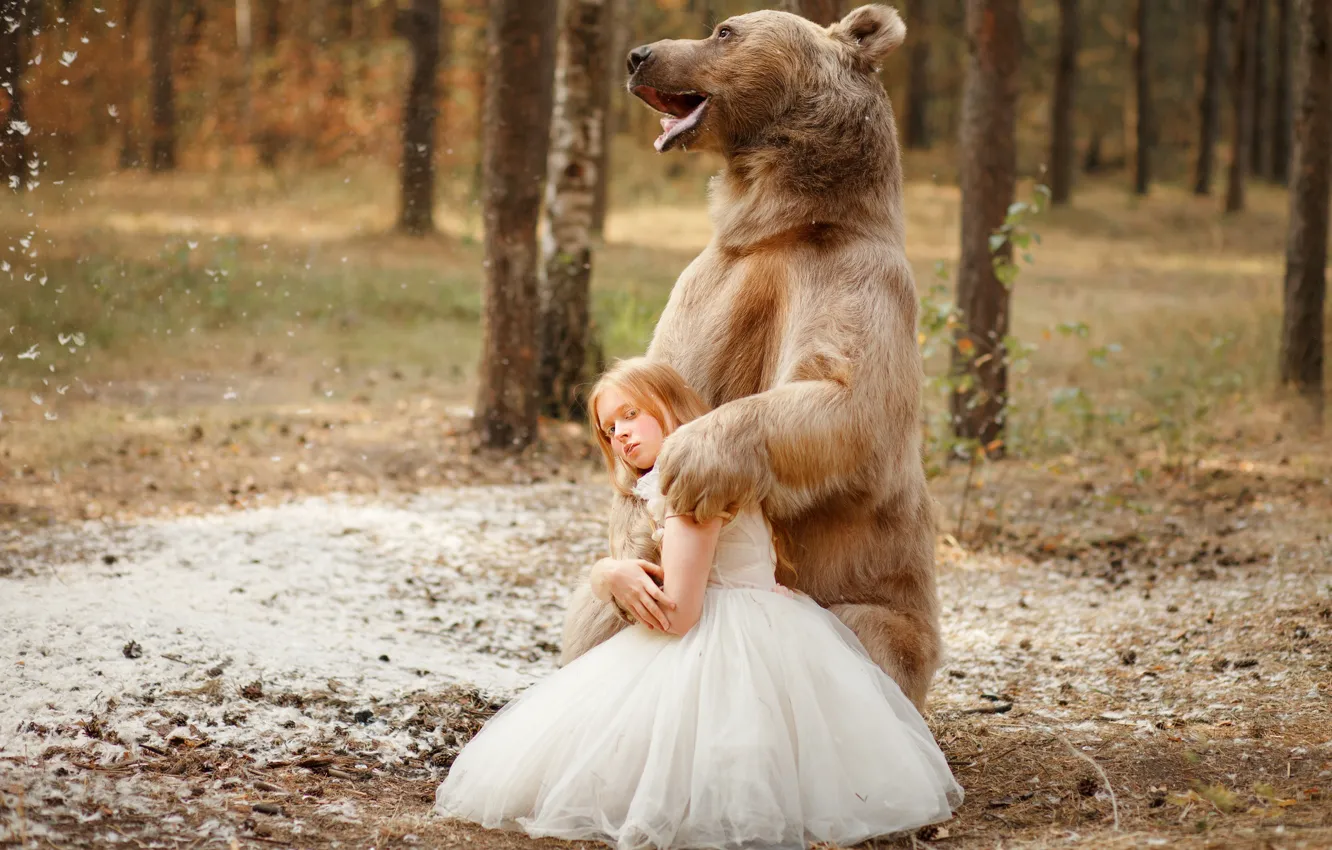 Фото обои лес, поза, платье, медведь, девочка, топтыгин, Светлана Никотина