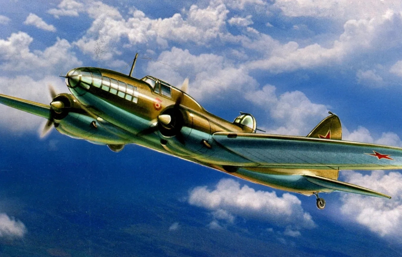 Фото обои небо, рисунок, арт, бомбардировщик, советский, двухмоторный, Великая отечественная война, дальний