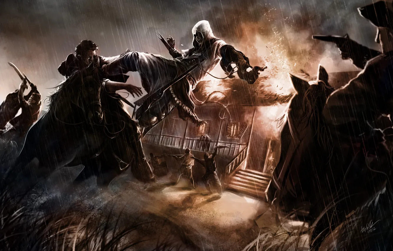 Фото обои люди, пожар, лошади, Assassins Creed, Cicatrizes da Liberdade 3