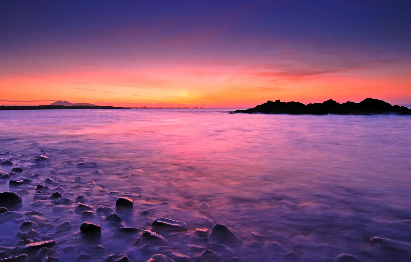 Фото обои море, пейзаж, закат, природа, камни, горизонт