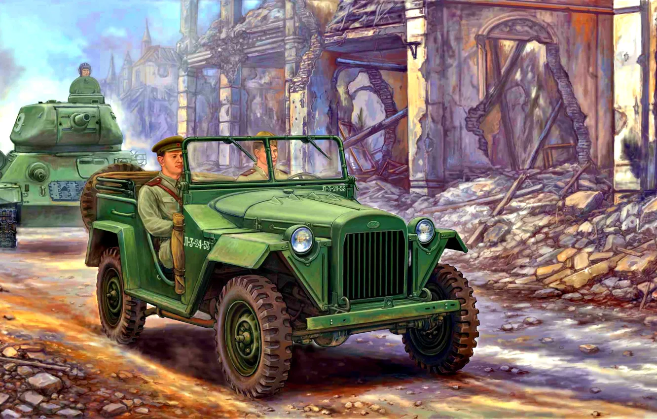 Фото обои солдаты, СССР, Военный, Т-34-85, Красная Армия, полноприводный, легковой автомобиль, ГАЗ-67Б