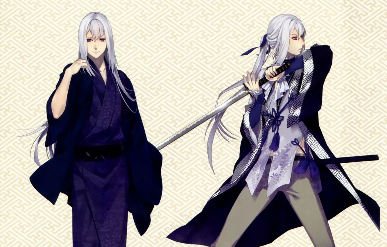 Фото обои узор, катана, кимоно, белые волосы, мечник, visual novel, ken ga kimi, saneaki kuroba