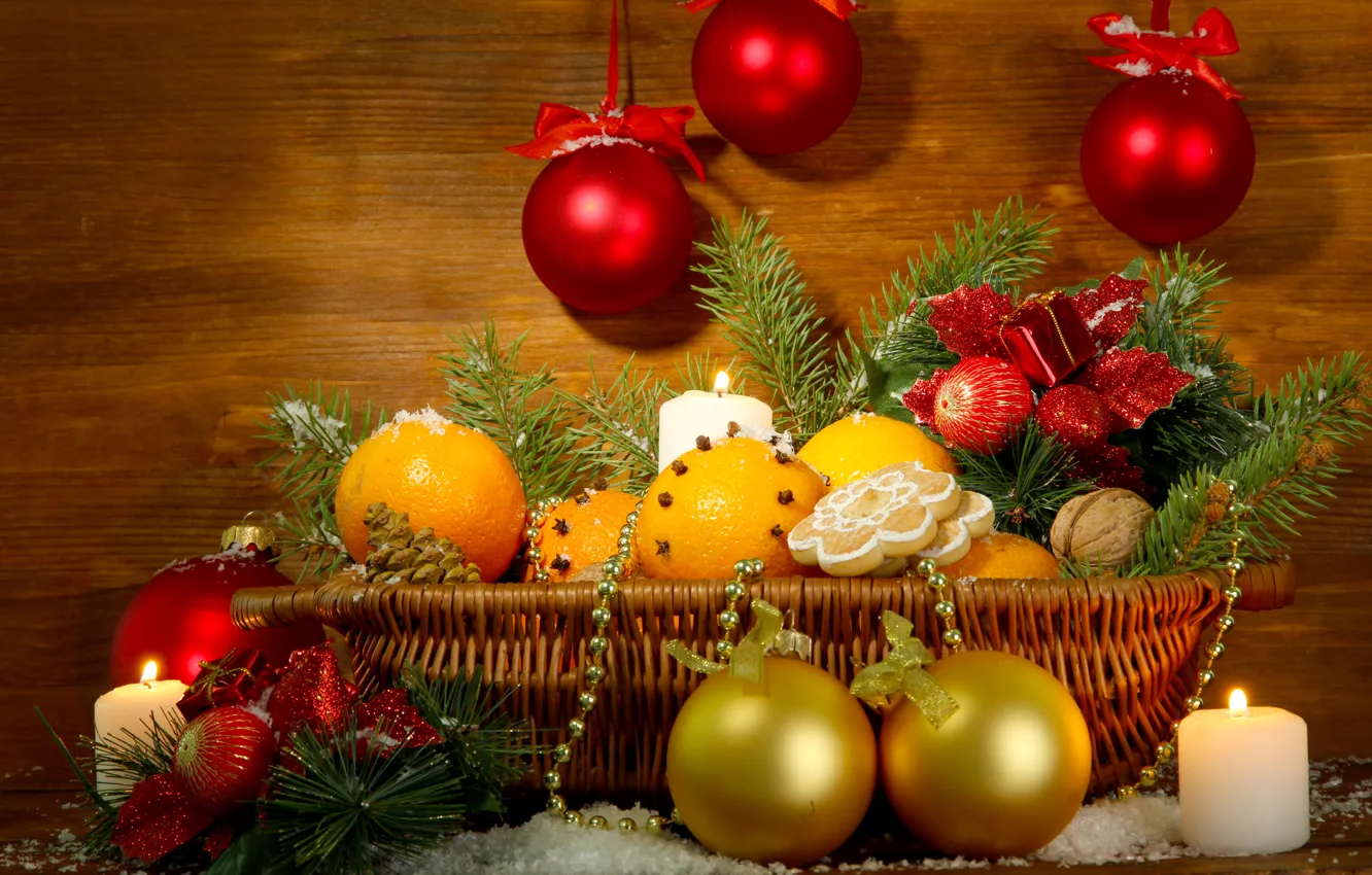 Фото обои украшения, корзина, елка, апельсины, Новый Год, Рождество, Christmas, decoration