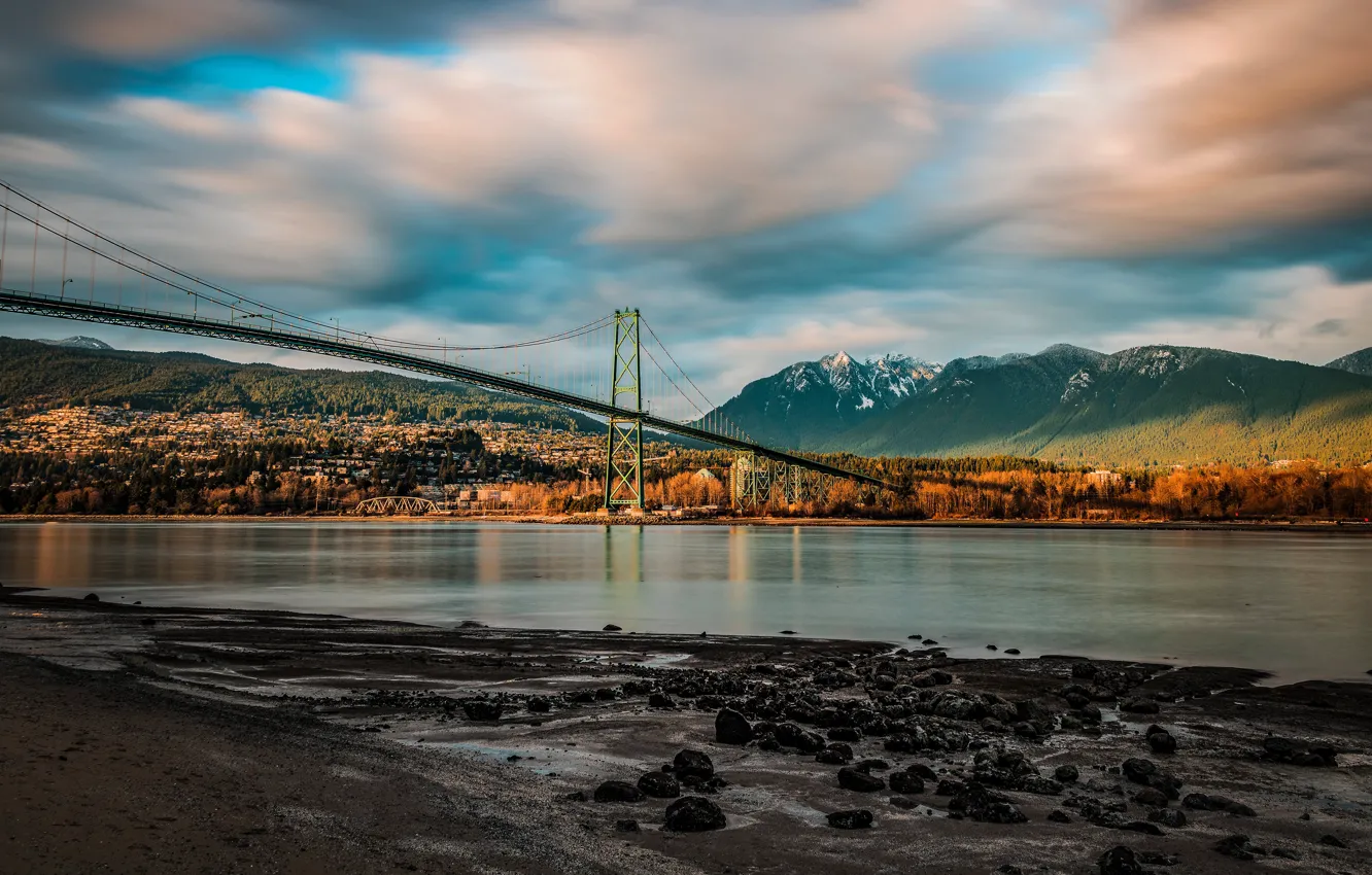 Фото обои осень, лес, облака, горы, мост, камни, берег, Канада