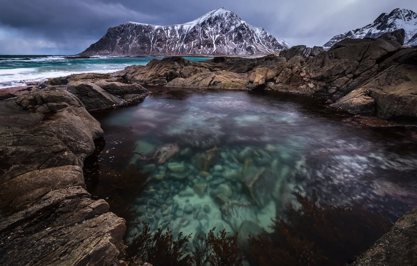 Фото обои море, вода, прозрачность, горы, камни, скалы, Норвегия, фьорд