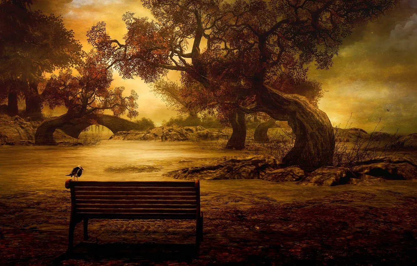 Фото обои осень, деревья, скамейка, мост, река, птица
