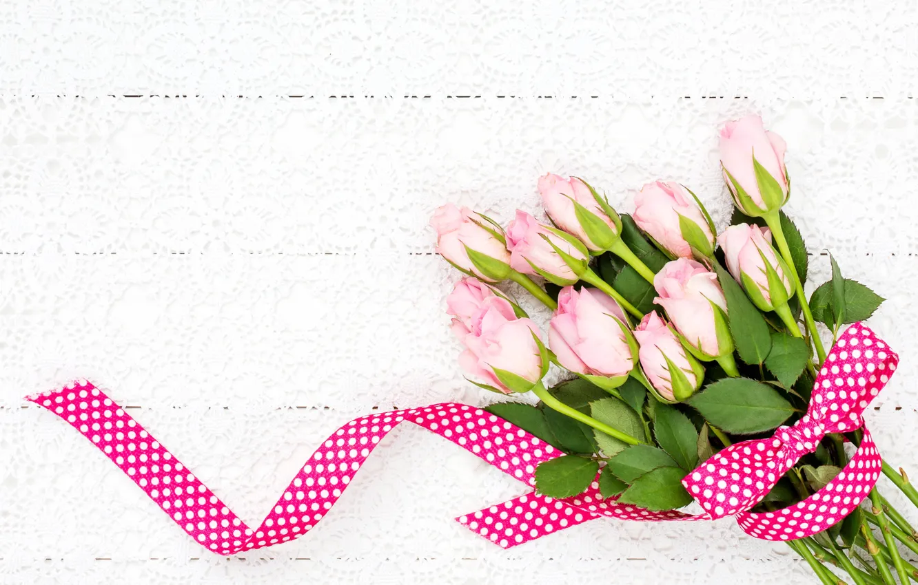 Фото обои розы, букет, лента, розовые, pink, roses, ribbon