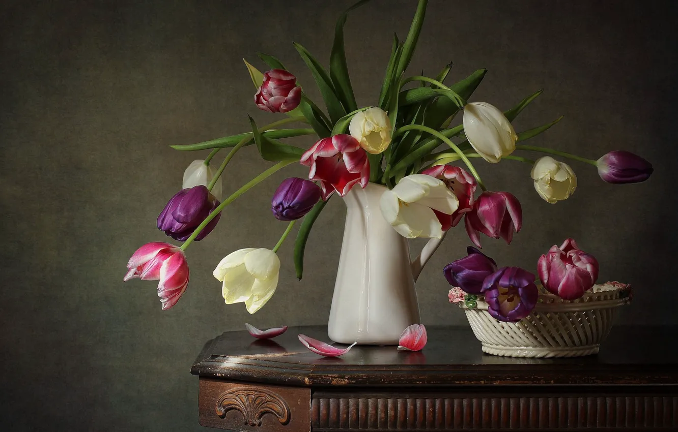 Фото обои букет, тюльпаны, разноцветный