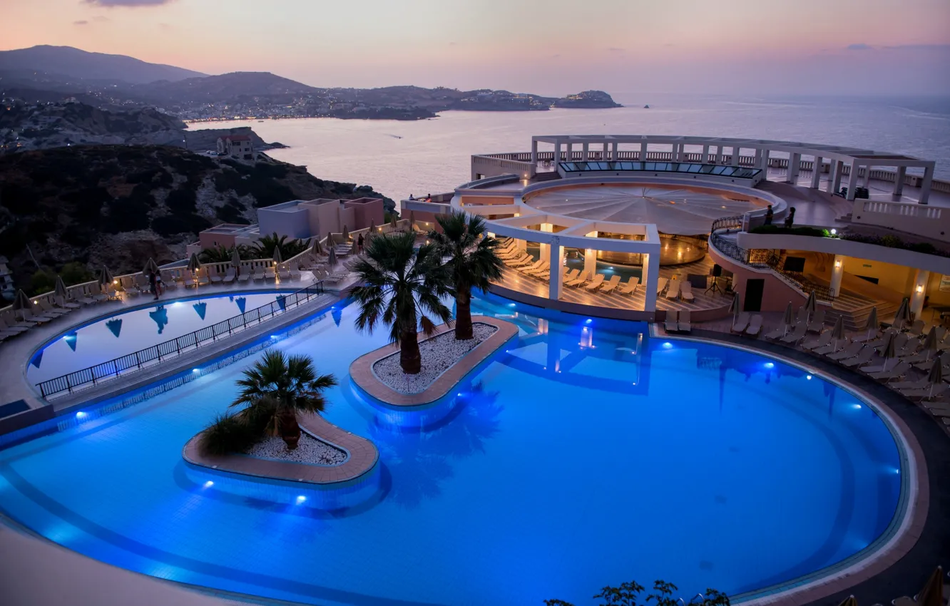 Фото обои море, пальмы, вечер, бассейн, Греция, hotel Athina