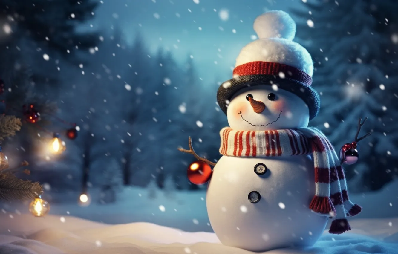 Фото обои зима, снег, Новый Год, Рождество, снеговик, happy, Christmas, night