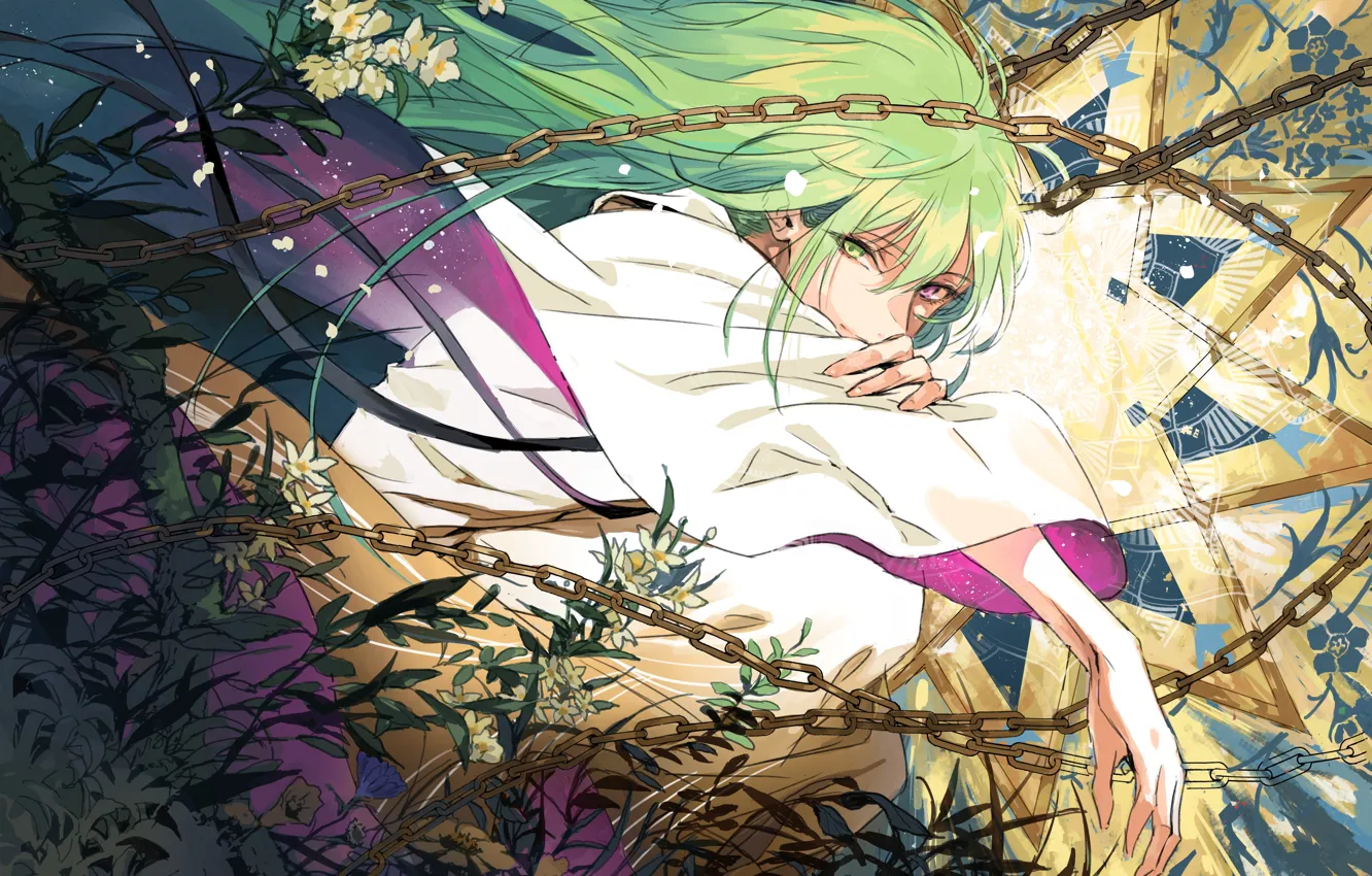 Фото обои сияние, руки, парень, цепи, зеленые волосы, белые цветочки, Fate / Grand Order, Enkidu