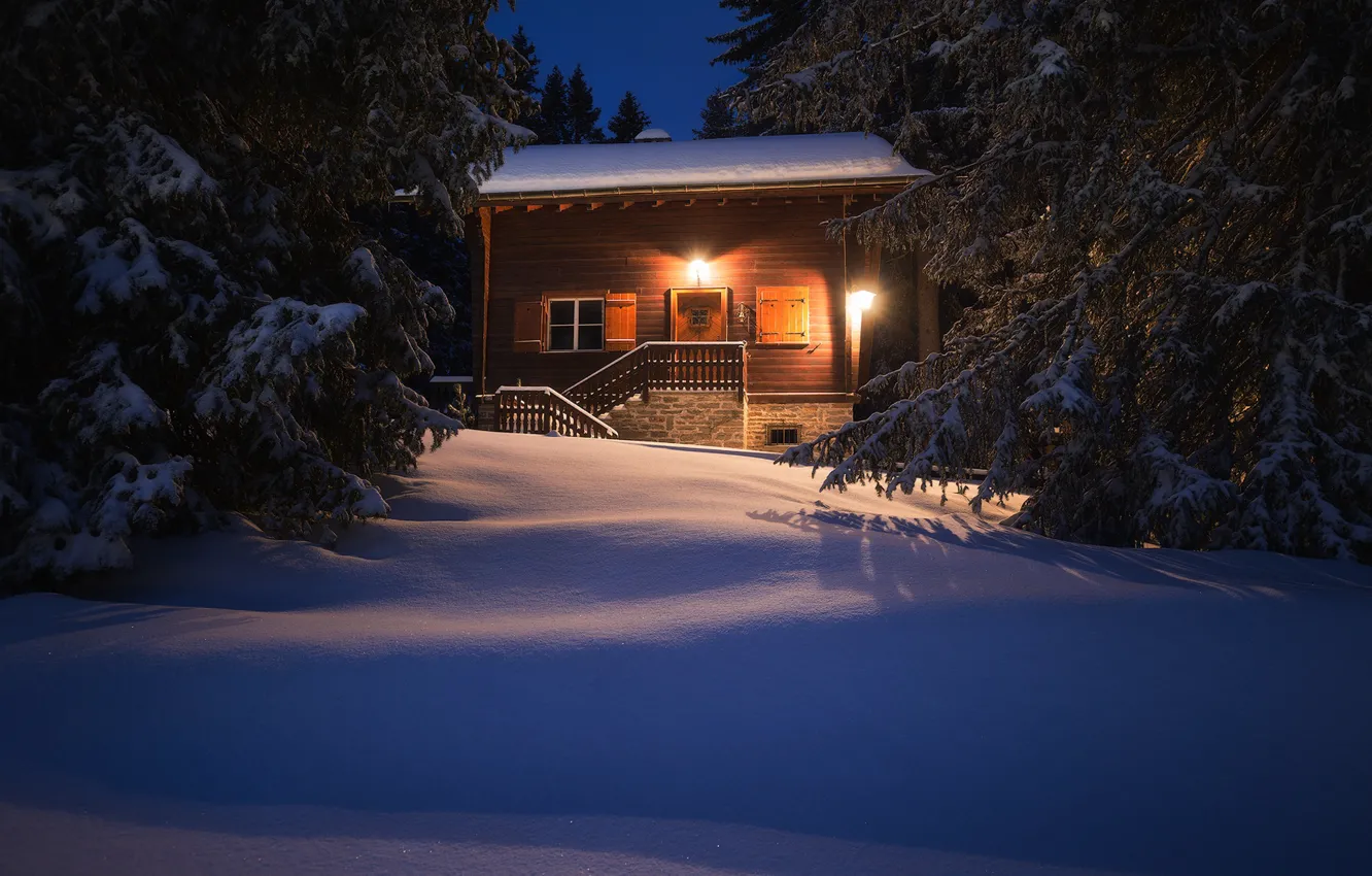 Фото обои зима, лес, снег, дом, Швейцария, ели, сугробы, Switzerland
