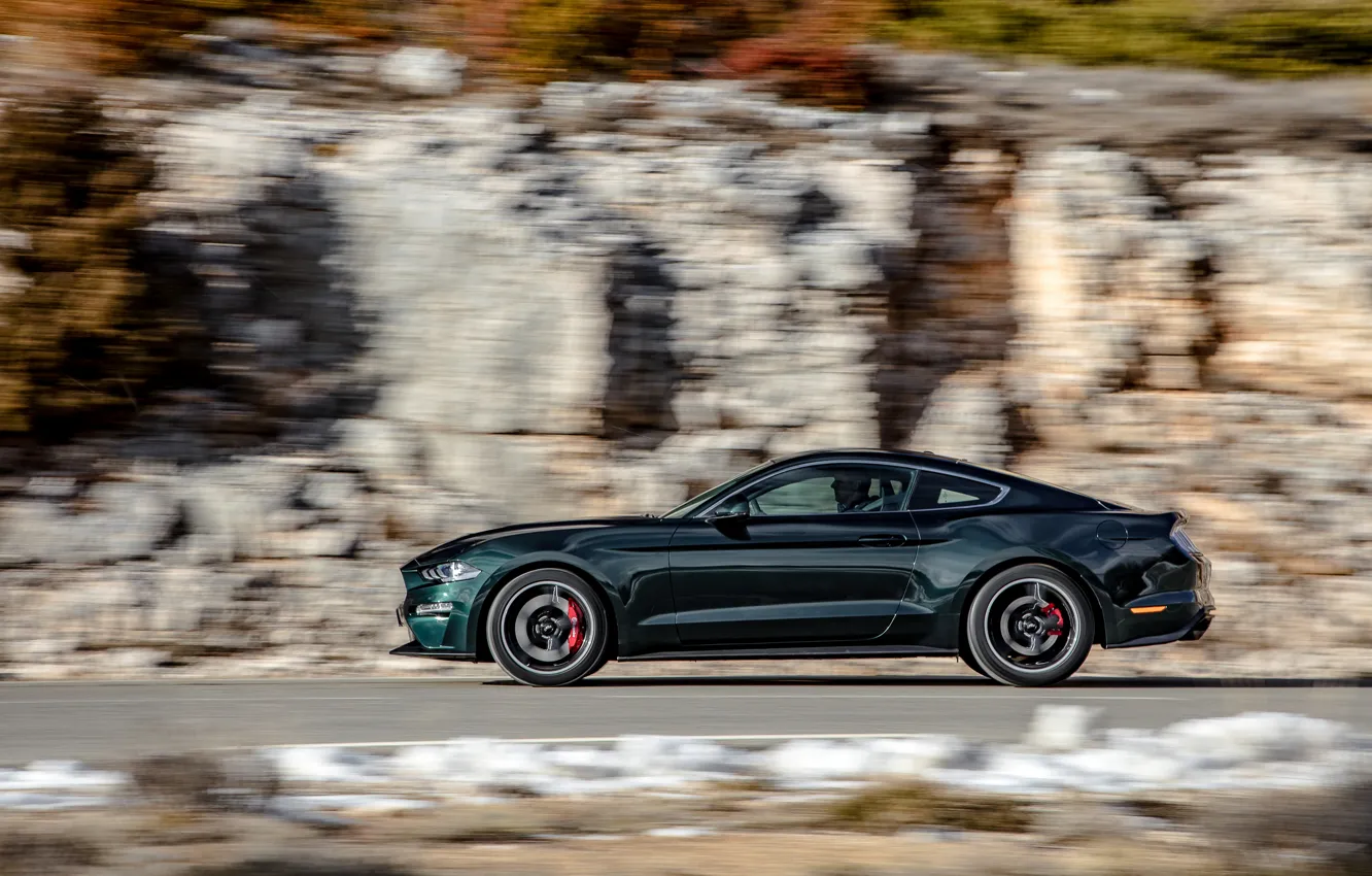 Фото обои движение, Ford, профиль, 2018, V8, Mustang Bullitt, 5.0 л., 460 л.с.