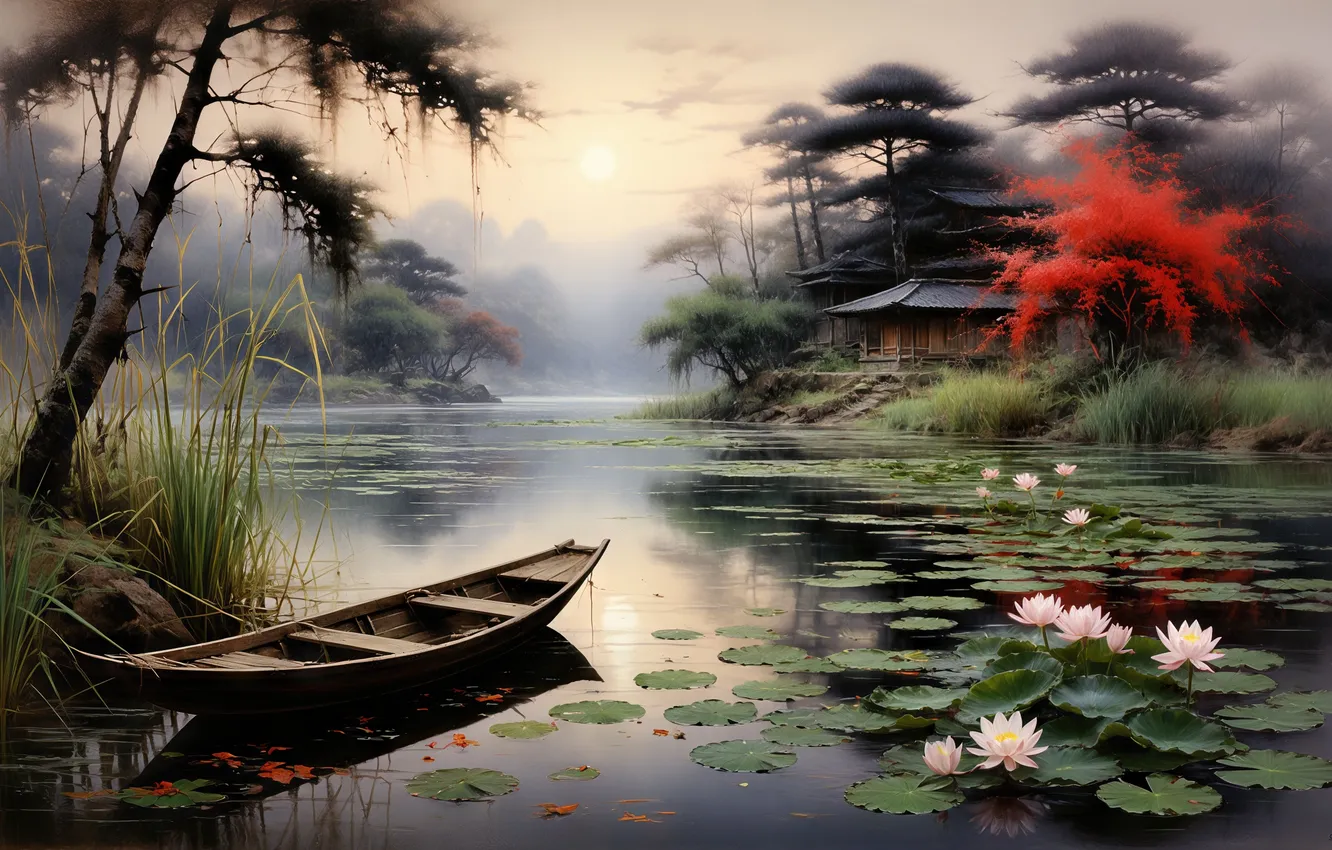 Фото обои water, lake, boat, lilies
