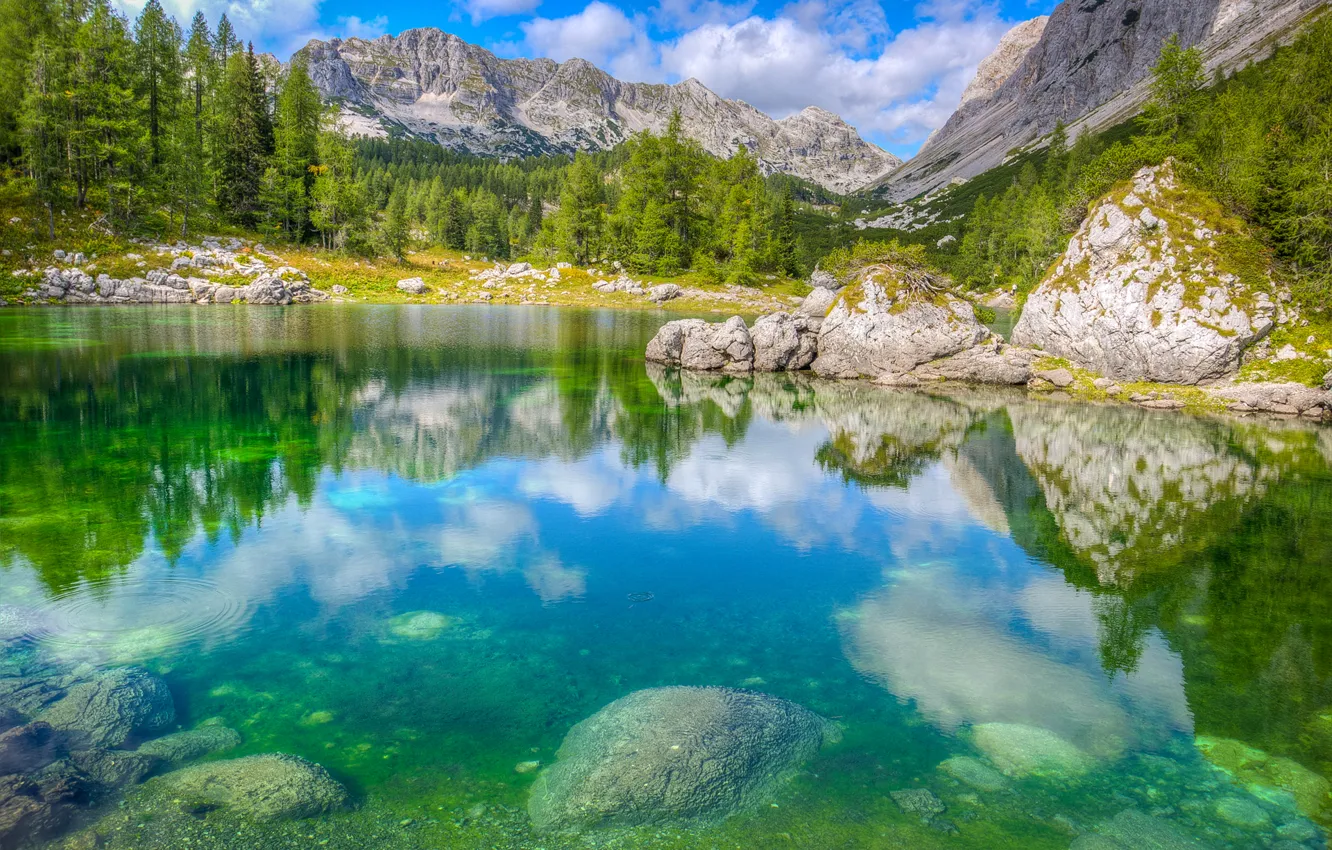 Фото обои небо, деревья, горы, озеро, камни, скалы, альпы, Словения
