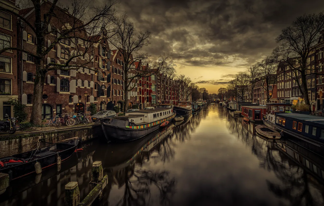 Фото обои ночь, дома, Амстердам, канал, Нидерланды