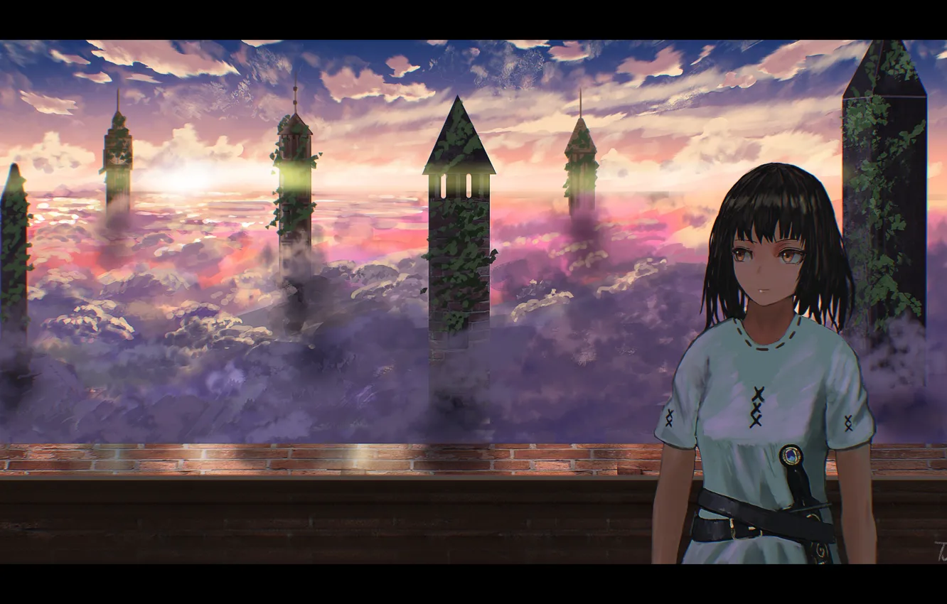 Фото обои девушка, облака, меч, фэнтези, башни