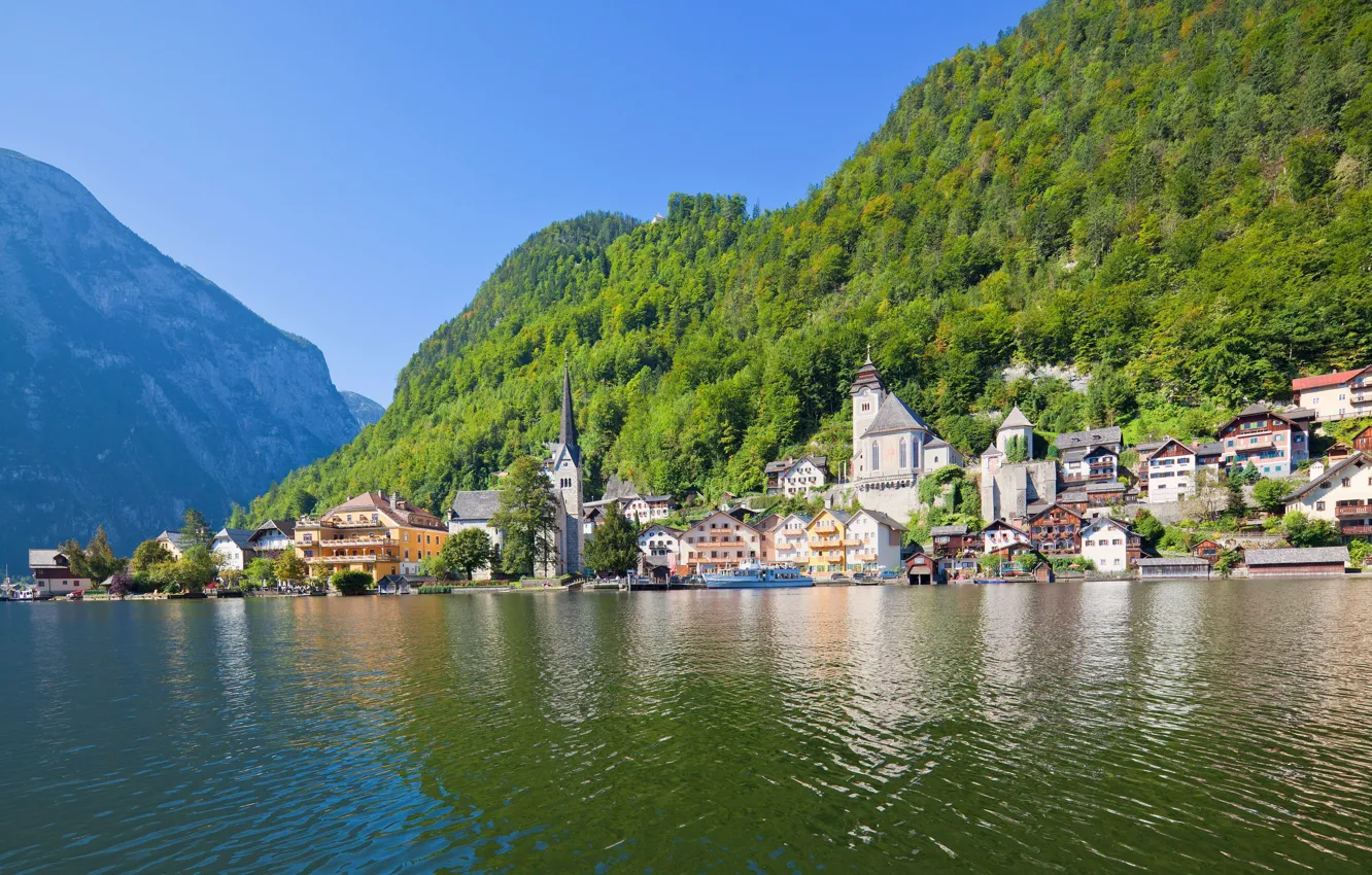 Фото обои горы, озеро, дома, Австрия, Альпы, Austria, Hallstatt, Гальштат