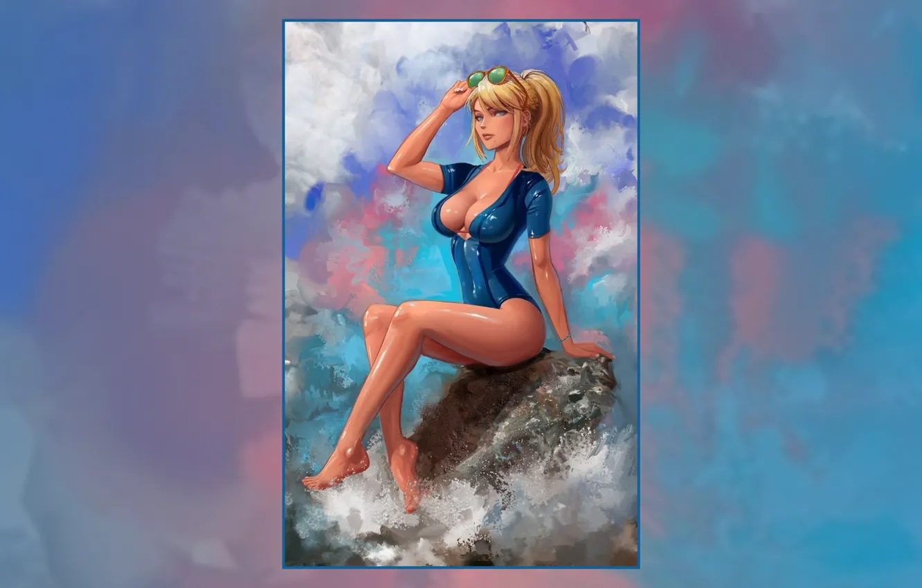 Фото обои cleavage, ponytail, blonde, big boobs, sitting, Samus Aran, feet, thighs