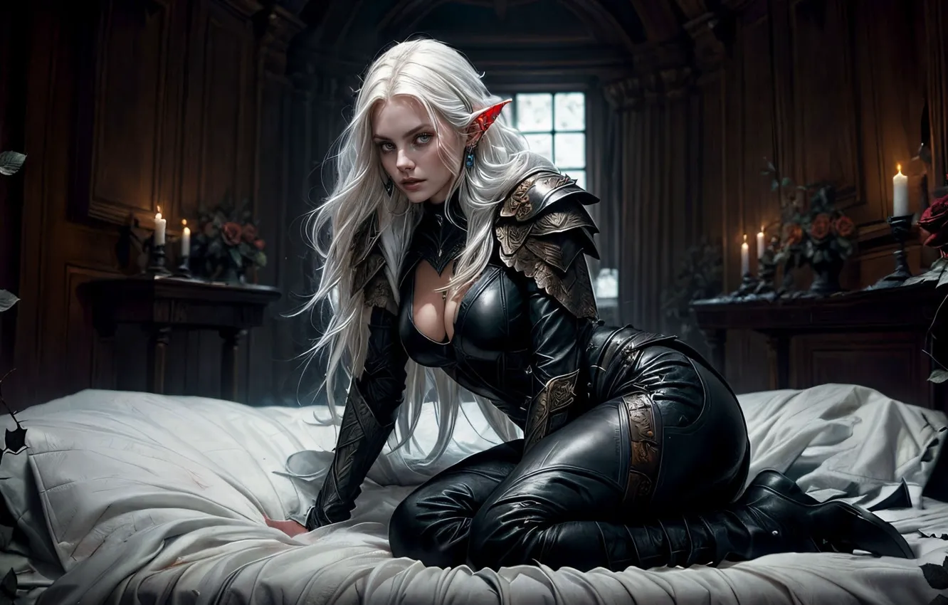 Фото обои комната, доспехи, блондинка, постель, декольте, эльфийка, cleavage, ушки