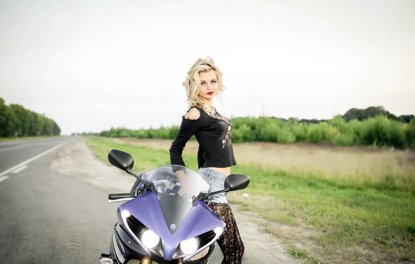 Фото обои Girl, Yamaha, Blue, YZF-R1