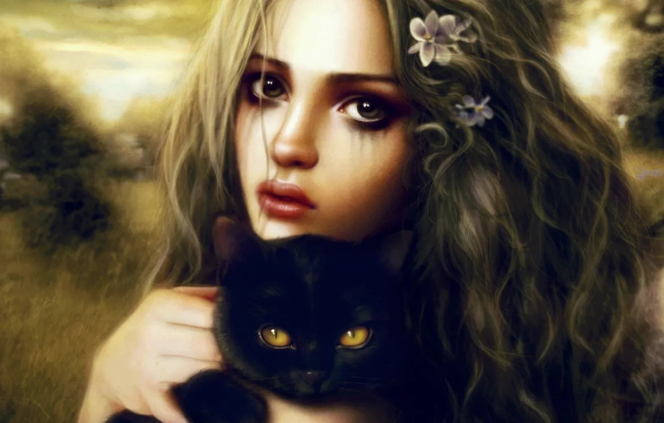 Фото обои взгляд, девушка, котенок, черный, арт, в руках