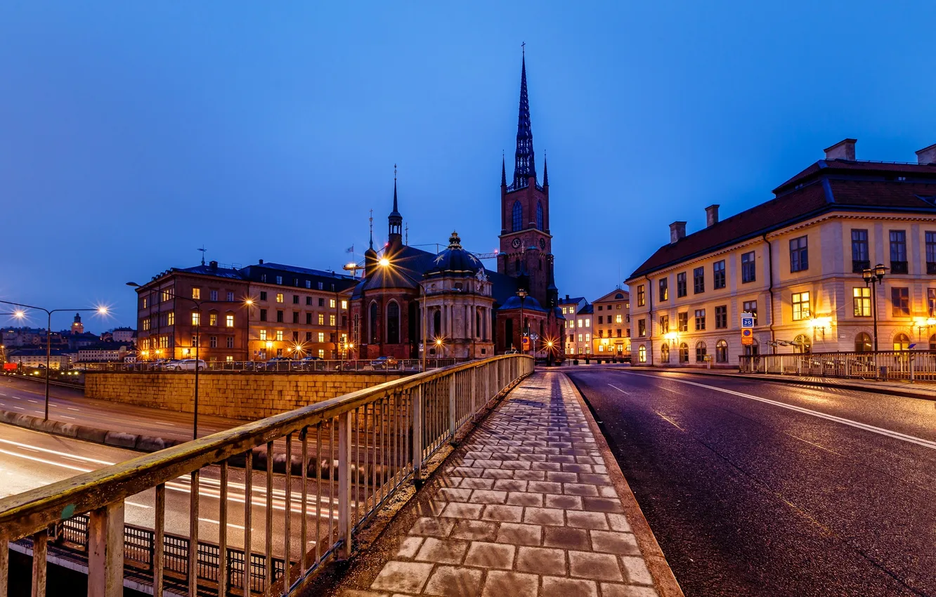 Фото обои свет, город, дороги, вечер, фонари, Стокгольм, Швеция, Old Town