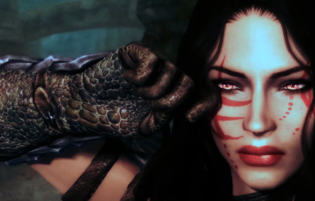 Фото обои взгляд, девушка, рука, маскировка, перчатка, скайрим, Skyrim, The Elder Scrolls V