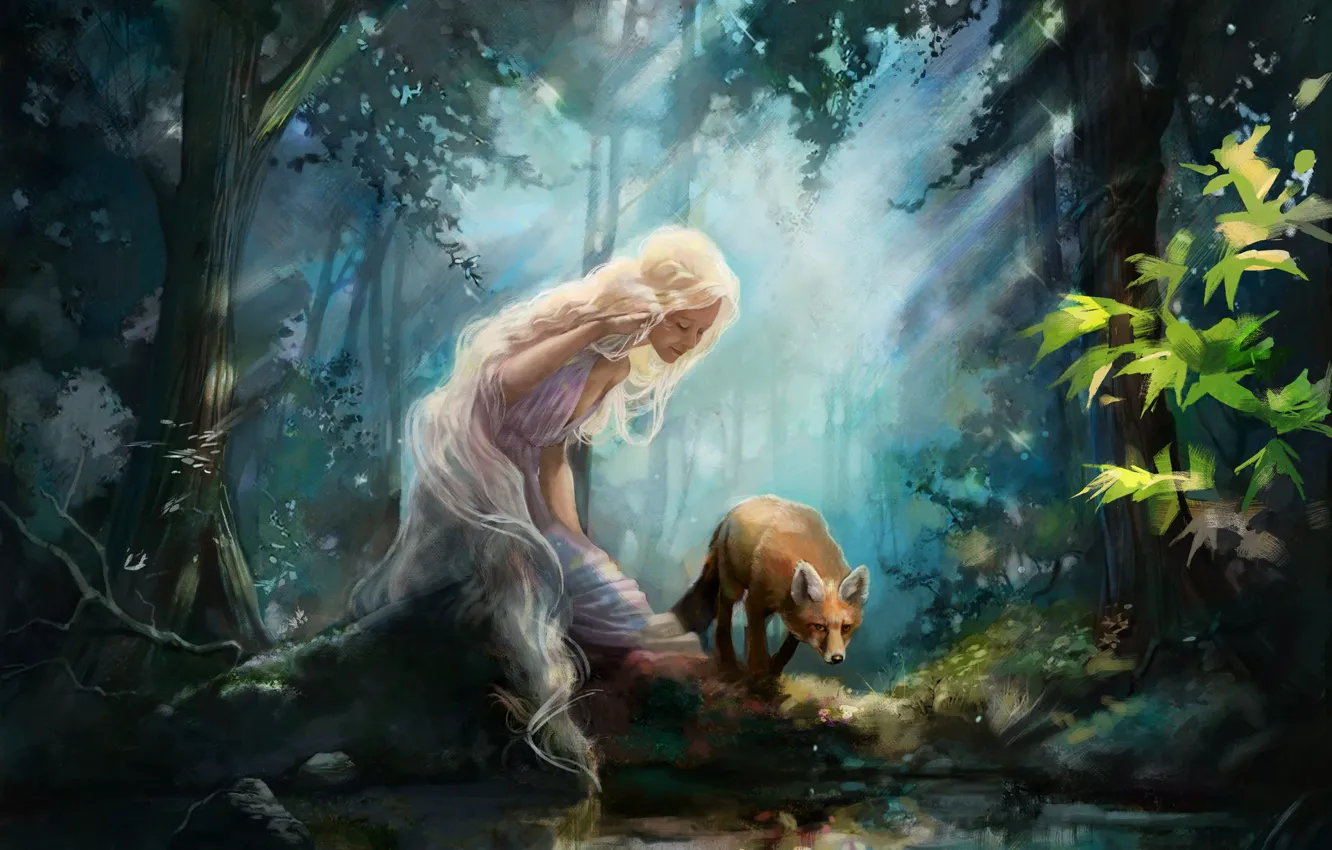 Фото обои лес, свет, Девушка, лиса, водоем
