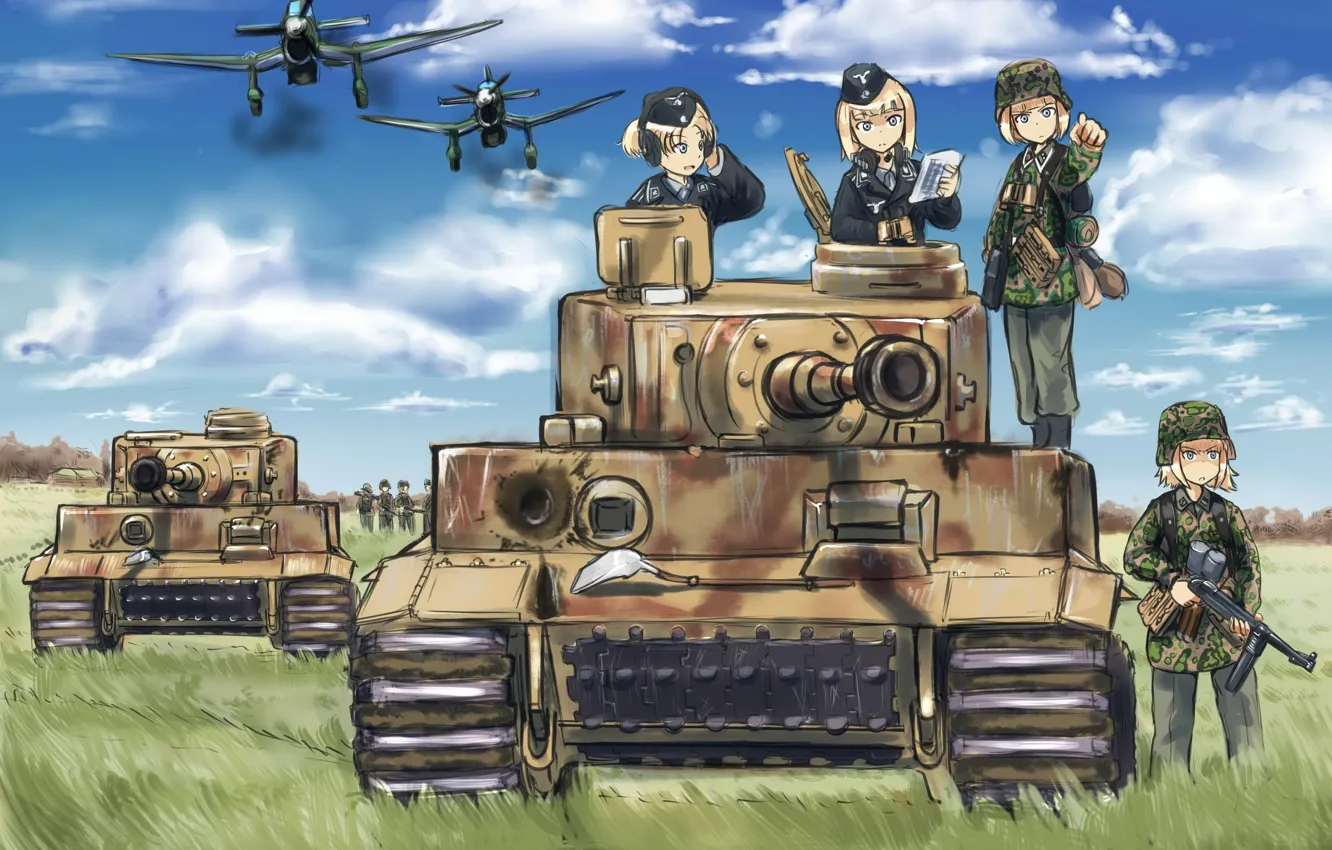 Фото обои Тигр, Самолеты, Война, Военные, Аниме, Арт, Танк, Anime