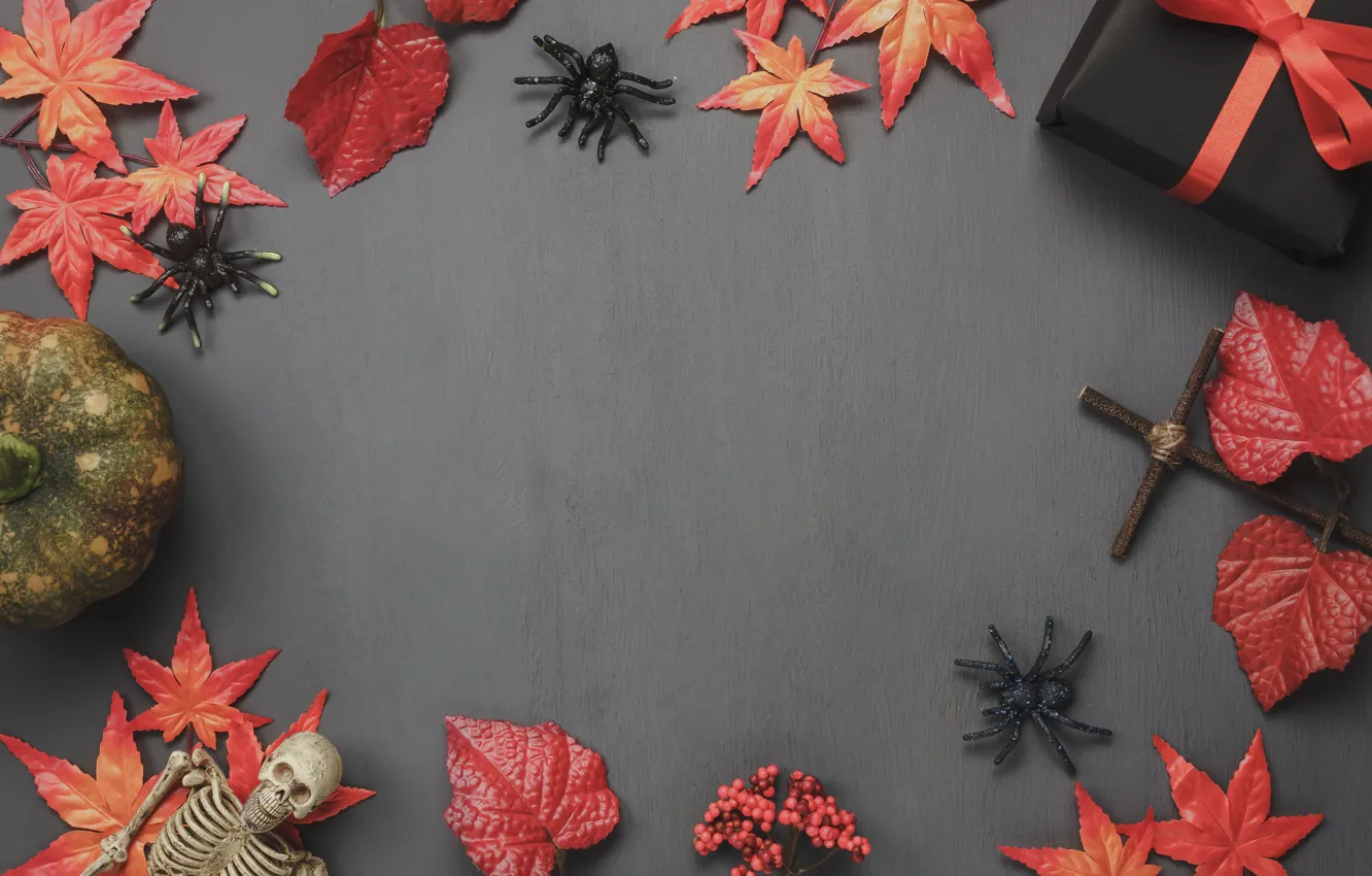 Фото обои осень, листья, фон, подарки, Halloween, autumn, leaves, хеллоуин
