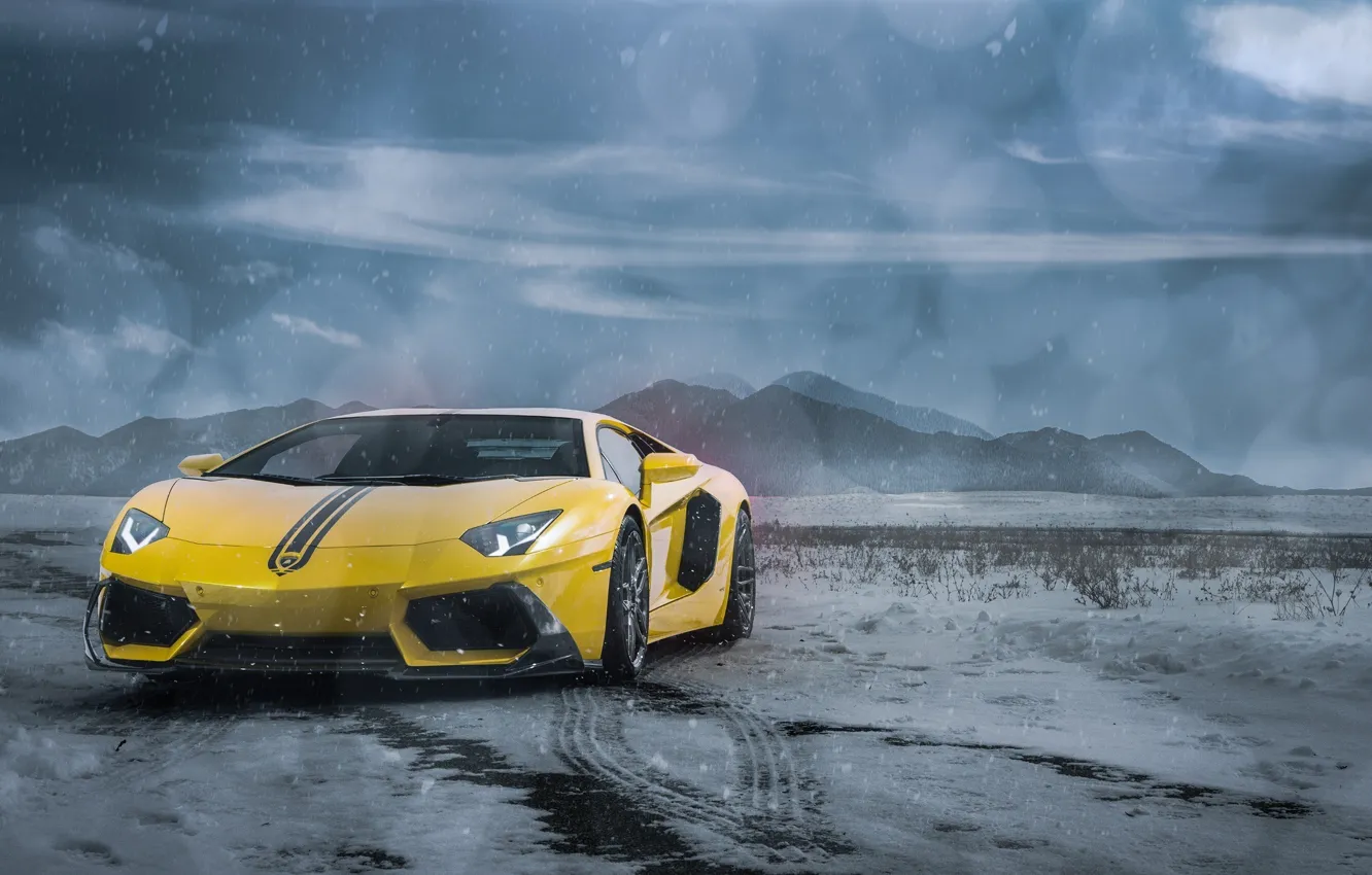Фото обои Lamborghini, Clouds, Front, Snow, Yellow, LP700-4, Aventador, Supercars
