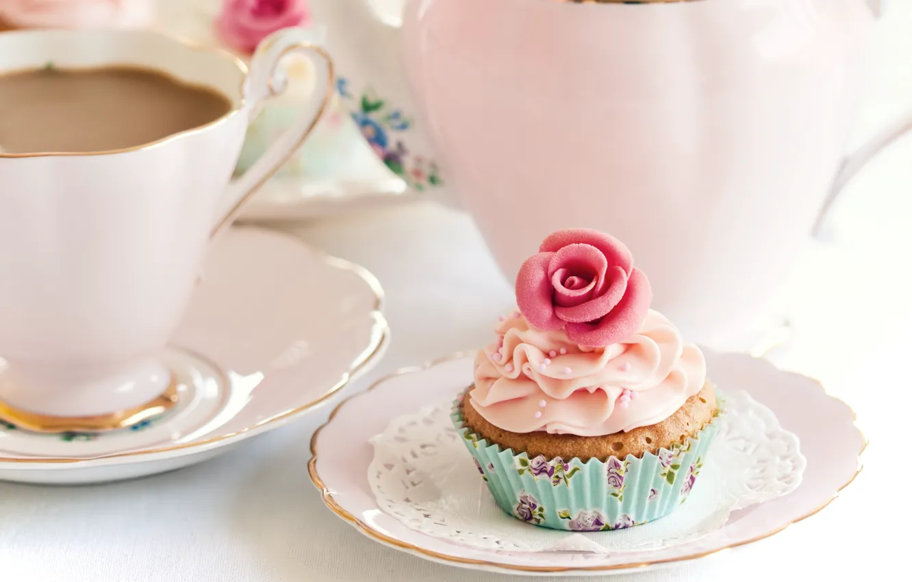 Фото обои цветок, розовый, кофе, еда, посуда, пирожное, крем, десерт