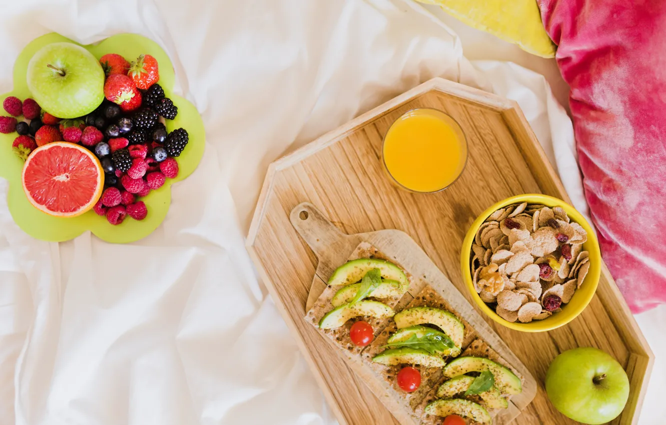Фото обои ягоды, завтрак, фрукты, бутерброды