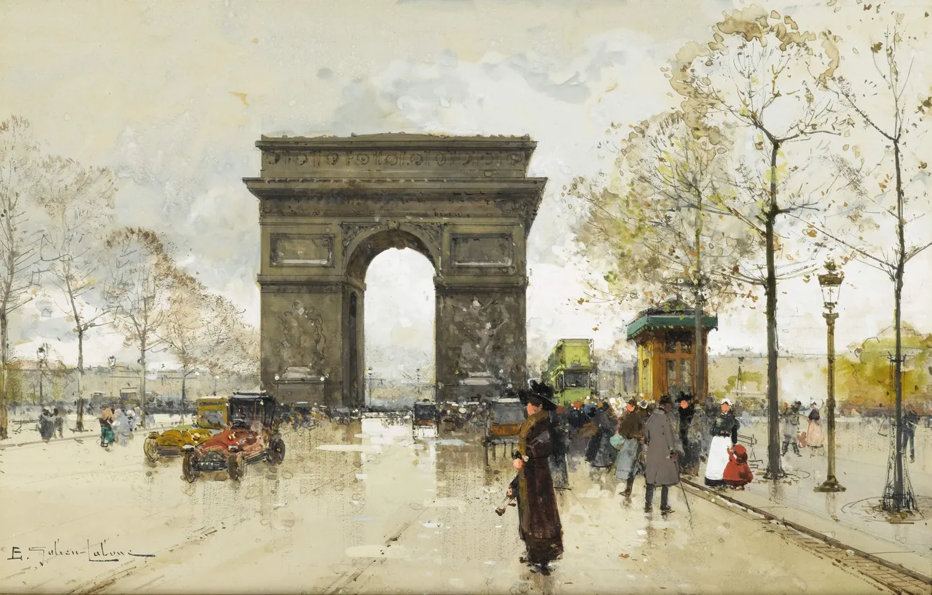 Фото обои город, люди, улица, картина, арка, Eugene Galien-Laloue, Place de Chatale