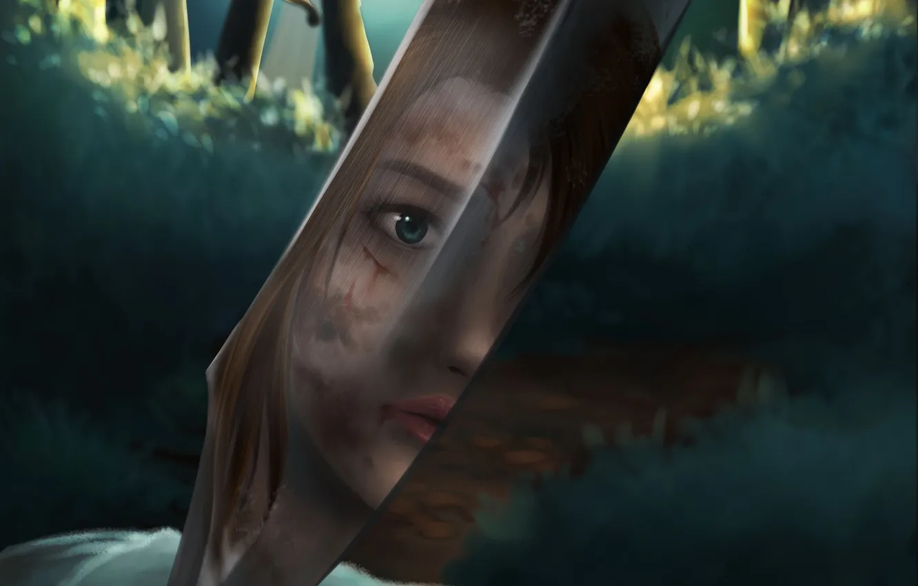 Фото обои взгляд, лицо, отражение, арт, нож, Tomb Raider, Lara Croft, игра девушка