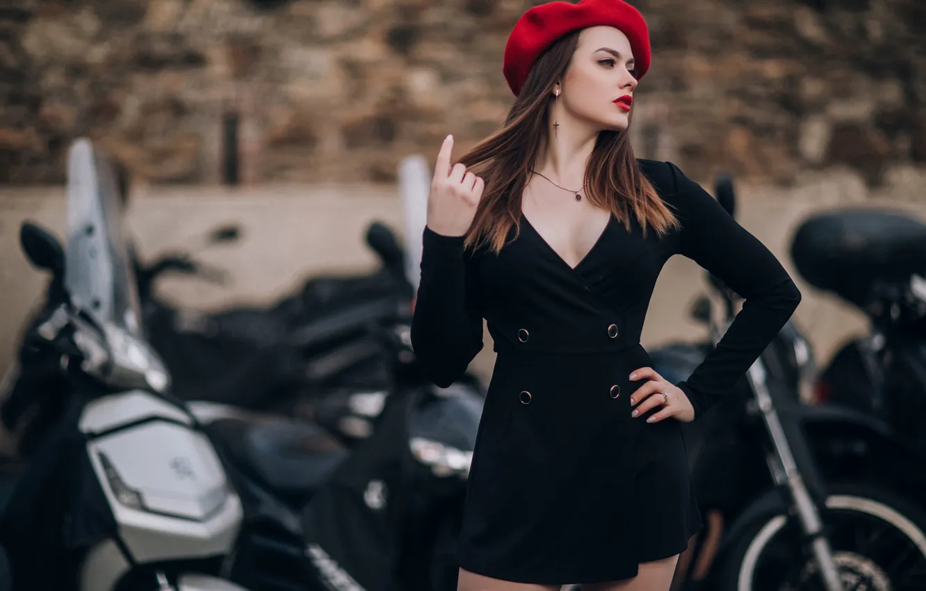 Фото обои девушка, поза, стиль, мотоциклы, платье, берет, Марина Зуева, by Анна Конофалова