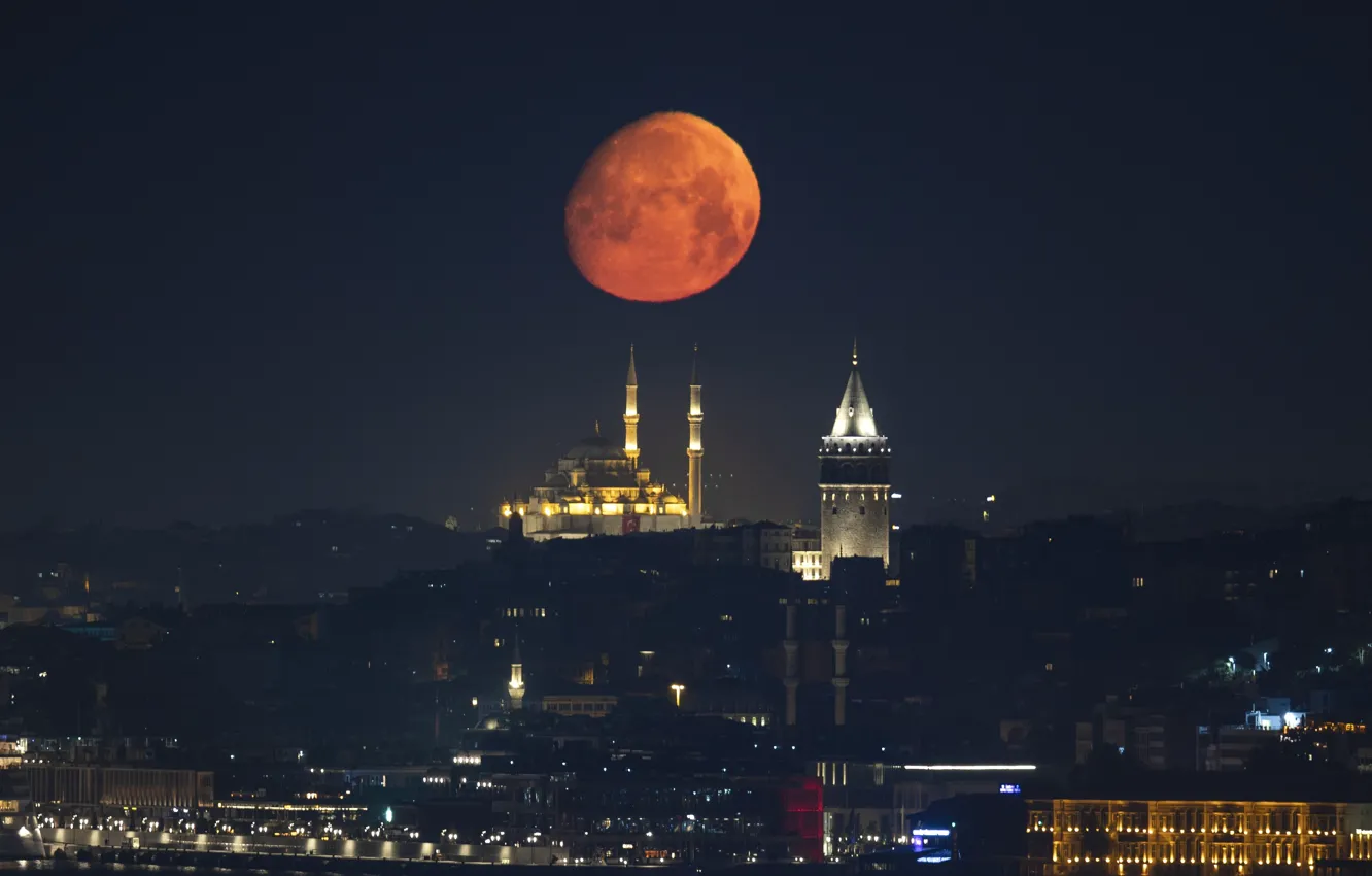 Фото обои full moon, istanbul, galata tower, fatih mosque