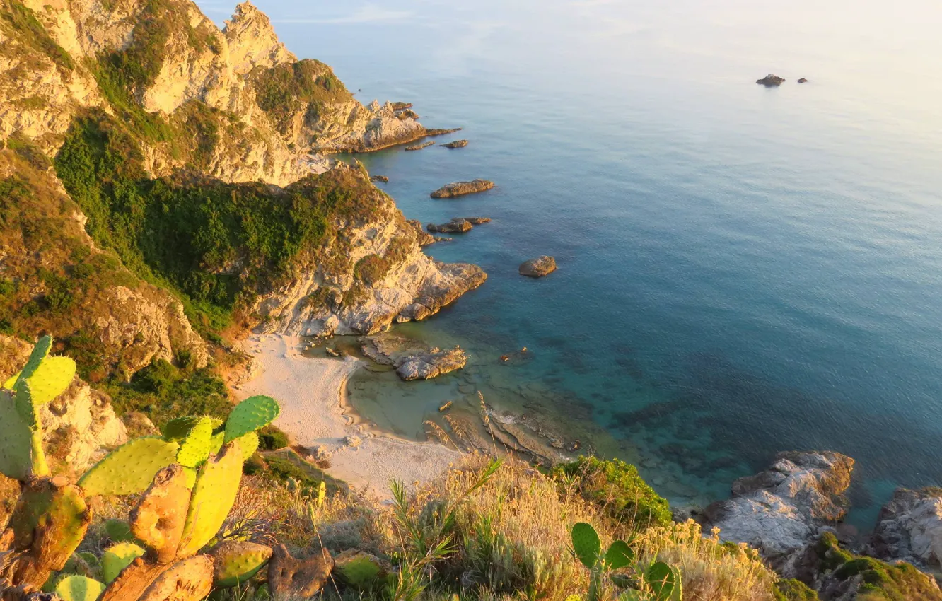 Фото обои море, пляж, пейзаж, природа, скалы, берег, Италия, кактусы