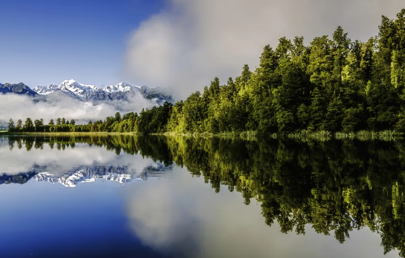 Фото обои лес, горы, озеро, отражение, Новая Зеландия, New Zealand, Lake Matheson, Южные Альпы