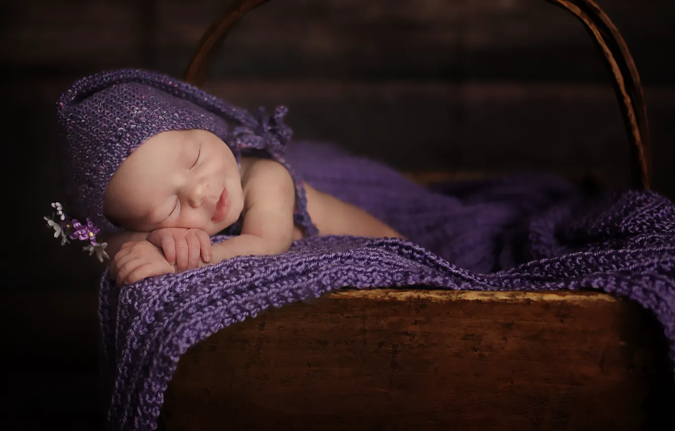 Фото обои дети, ребенок, сон, покрывало, спит, ребёнок, шапочка, младенец