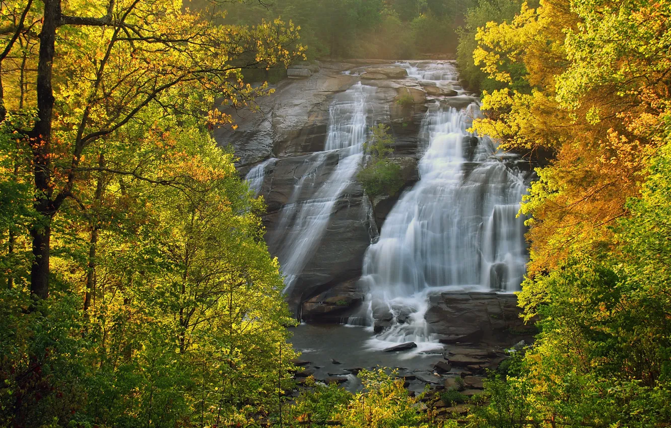 Фото обои осень, деревья, пейзаж, скала, водопад