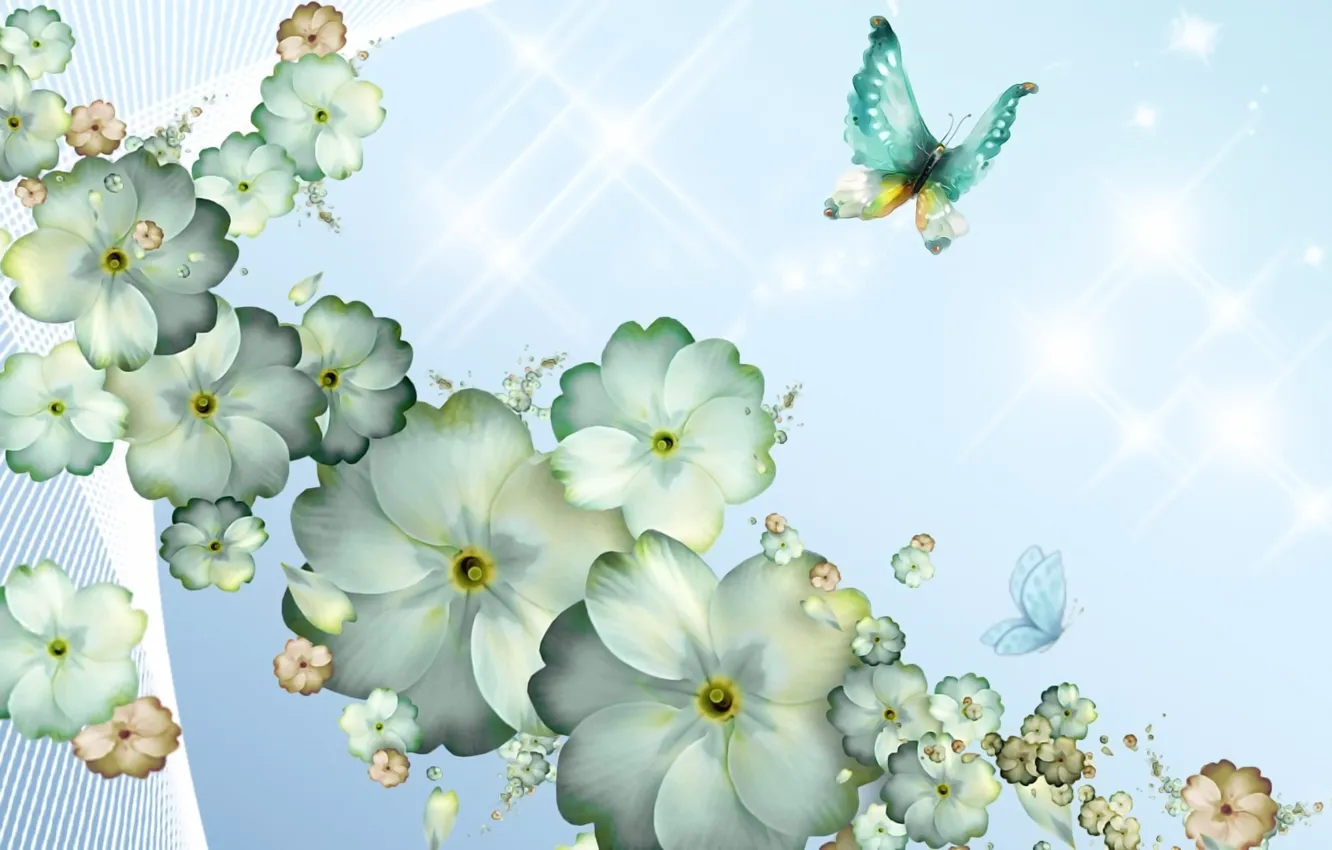 Фото обои бабочки, цветы, рендеринг, фон, фантазия, коллаж, рисунок, весна