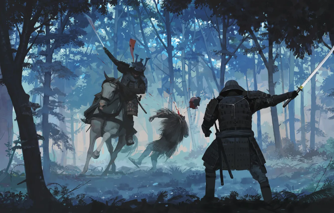Фото обои лес, брызги, убийство, всадник, samurai